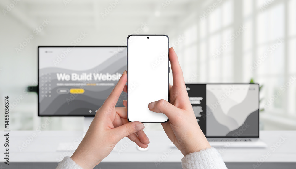 Leinwandbilder Smartphone mockup held in hands in office setting, with computer and laptop in background, ideal for corporate app design presentation