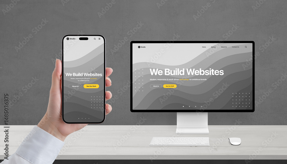 Aufkleber Responsive web design concept on phone and computer, studio portfolio page with 'We build websites' headline