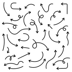 Set of simple lines hand drawn black arrows in various style