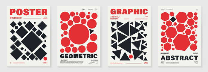 Plakat Abstract geometric poster background vector set. Cover template with vibrant perspective circle, square, triangle, polygon. Ideal design for social media, cover, banner, music, ads.