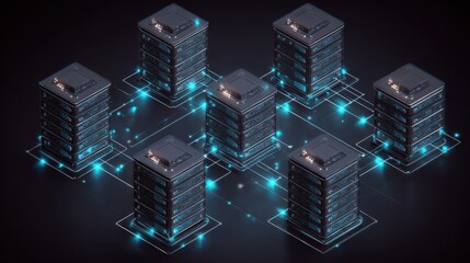 Isometric View of Interconnected Data Servers Representing Network and Cloud Computing Infrastructure on Dark Background