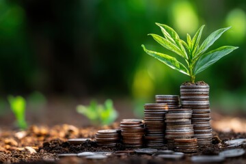 Plant growing on stack of coins in soil symbolizing financial growth and investment with blurred green background in outdoor setting