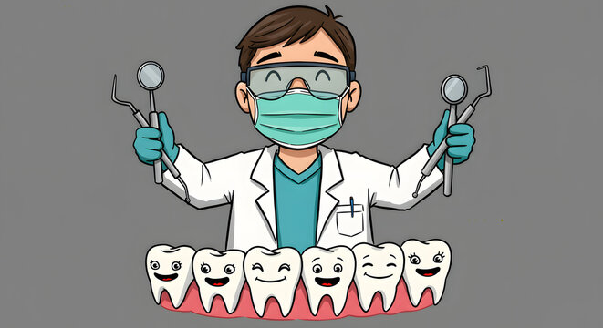 Dentist with teeth cartoon illustration