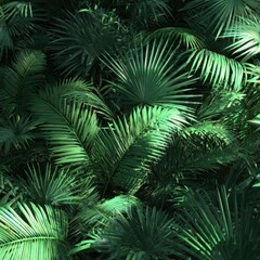 Lush Green Palm Leaves Filling Frame from Above in Tropical Rainforest Environment with Natural Sunlight