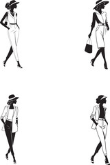 Elegant black and white vector illustration of fashionable women in stylish poses, modern fashion silhouettes, high heels, trench coats, flowing dress, minimalistic line art, runway-style models.