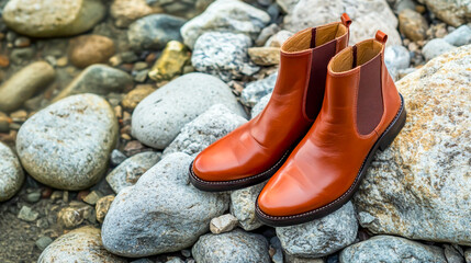 Chic brown leather ankle boots resting on grey rocks, blending urban sophistication with natural beauty