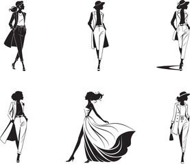 Elegant black and white vector illustration of fashionable women in stylish poses, modern fashion silhouettes, high heels, trench coats, flowing dress, minimalistic line art, runway-style models.