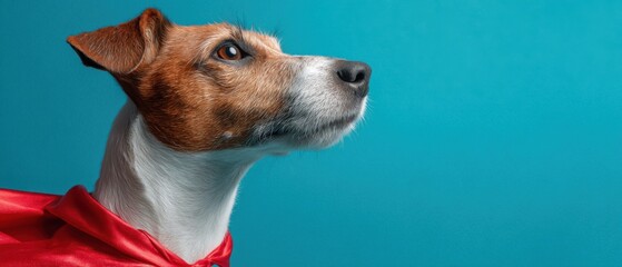 Jack Russell Terrier dog posing heroically in red cape against blue background studio shot side view confident expression