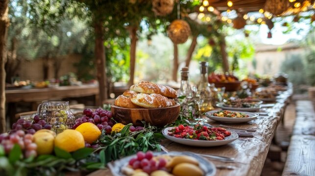 Festive sukkah setup for sukkot featuring a table with fresh fruits, traditional dishes, and warm lighting in a garden
