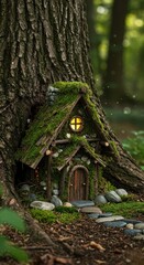 Enchanted Mossy Fairy House in Forest, Magical Miniature Cottage in Woods at Night