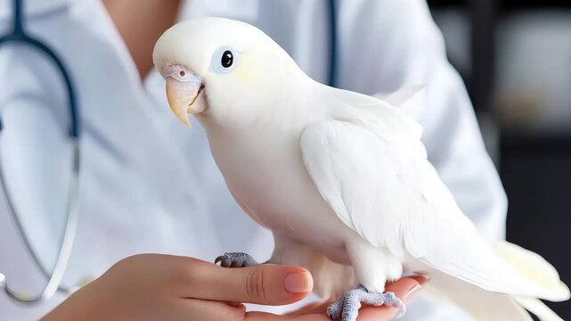 Vet examines a white parakeet in a clinic setting while providing care and guidance to the owner during the visit