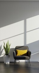 Modern Minimalist Home Interior Design: Armchair, Plant, and Sunlight Streaming Through Window - Cozy Living Room Decor