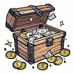elegant illustration of treasure chest with gold coins and cash
