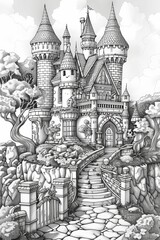 Naklejka premium Kids’ Fantasy Castle Coloring Sheet with Friendly Mythical Creatures