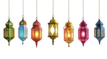 set of traditional hanging ramadan lanterns isolated on transparent white background, clipping path