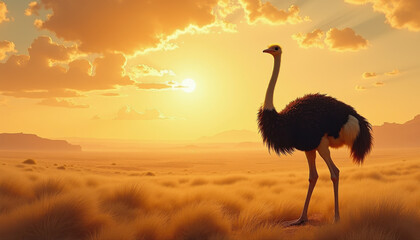Ostrich standing in golden grassland at sunset