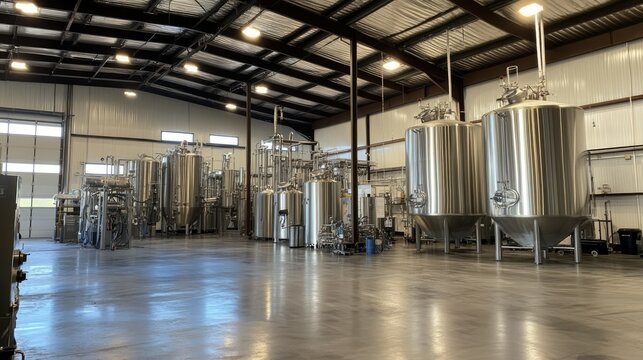 Industrial brewery manufacturing equipment and stainless steel fermentation tanks in spacious warehouse