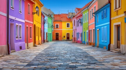 Fototapeta premium Vibrant street view of colorful houses capturing the charm of charming architecture with striking hues of pink blue orange and yellow showcasing a picturesque urban setting filled with