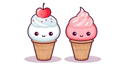 Professional Illustration of Cute Kawaii Ice Cream with Two Balls in Colorful Lines