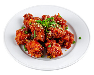 Fototapeta premium Korean fried chicken on a white plate, Korean-style food isolated on a transparent background