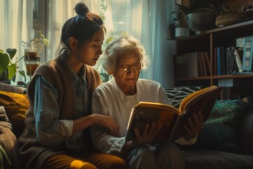 Fototapeta premium Warm Daylight and Compassion: Caregiver Reading to a Senior Woman