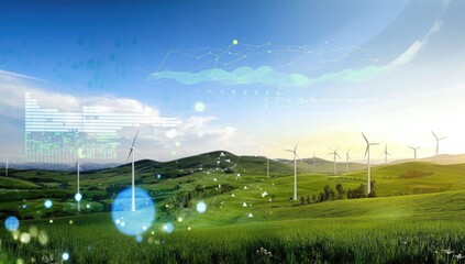 Green energy landscape with overlaid data visualizations.  Illustrates sustainable energy production