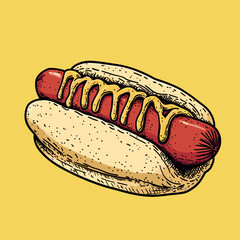 Vintage Hot Dog with Mustard and Ketchup on Bright Background