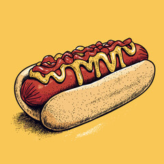Vintage Hot Dog with Mustard and Ketchup on Bright Background