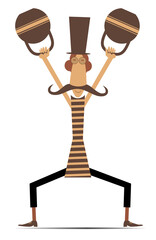 Sportsperson. Weightlifter. Kettlebell. 
Man does exercises with the heavy sports kettlebell. Funny mustache man in the top hat and striped cloth lifting heavy kettlebells with two hands
