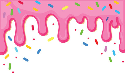 Pink ice cream melted with colorful cute candy sprinkles long border, banner seamless pattern, vector white background