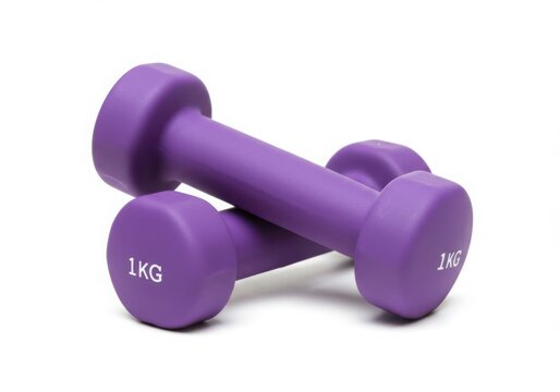Two purple dumbbells of one kilogram isolated on white background