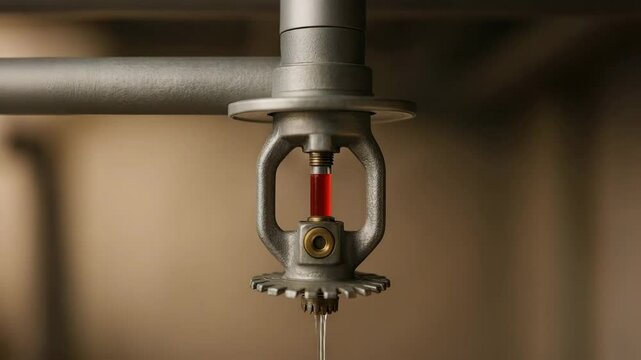 Fire sprinkler head with water dripping in industrial power plant for fire safety protection and power plant emergency response