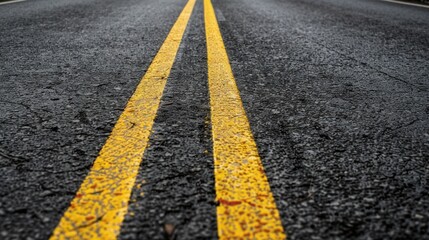 Asphalt road, double yellow lines, driving, journey, overcast sky