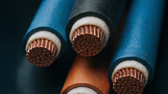 Close up of industrial power electrical cable with copper conductor and insulation for power and energy transmission in heavy industry