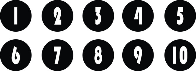 Set of 1 to 10 numbers. Typography set of rounds Numbers. Numeral typographic flat icons. Bullet point number collection isolated on transparent background. Simple design. Vector illustration.