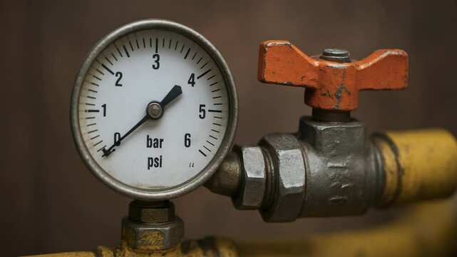 Pressure gauge on industrial power plant pipe with valve and metal fittings measuring psi and bar units for safety control