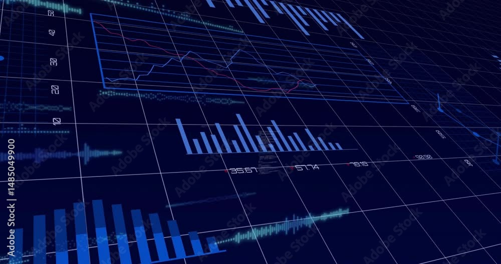 Poster 3d-rendered bar chart being shown in high-tech dashboard, with line graph, waveform and data labels