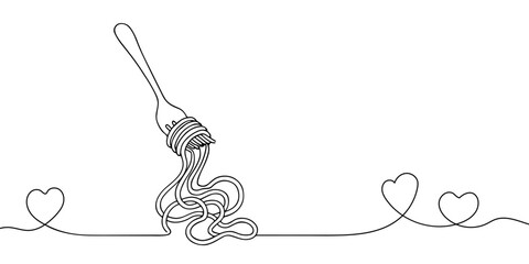 Pasta and spaghetti in One Continuous line drawing. Italy noodle on plate with fork for web banner and food delivery service in simple linear style. Editable stroke. Doodle Vector illustration