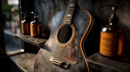 Vintage Acoustic Guitar on Rustic Shelf with Bottles Aged Wood Dark Background