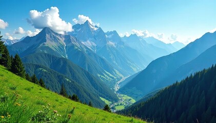 Fototapeta premium Vast mountain range with lush green valleys and a clear blue sky , vegetation, habitat