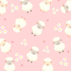 Sheep seamless pattern with flower and pink background illustration. Animal seamless pattern. Can be used for wallpaper and fashin fabric