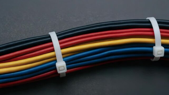 Electrical cable and wire bundle secured with black and red plastic tie on dark surface in industrial electrical power plant setting