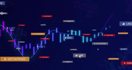 Flat design dashboard displaying purple candlesticks, flowing cyan lines, floating action buttons - Powered by Adobe