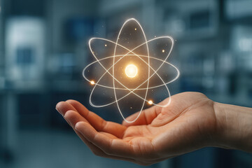 Close-up of a human hand gently cupping a 3D holographic atom model, glowing particles and electron trails hovering above the palm