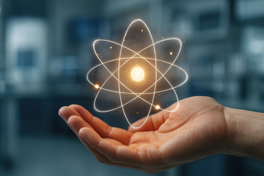 Close-up of a human hand gently cupping a 3D holographic atom model, glowing particles and electron trails hovering above the palm