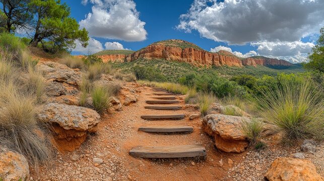 Hiking trail steps ascend through a red rock landscape.  A scenic vista unfolds with rugged terrain, lush greenery, and a clear sky