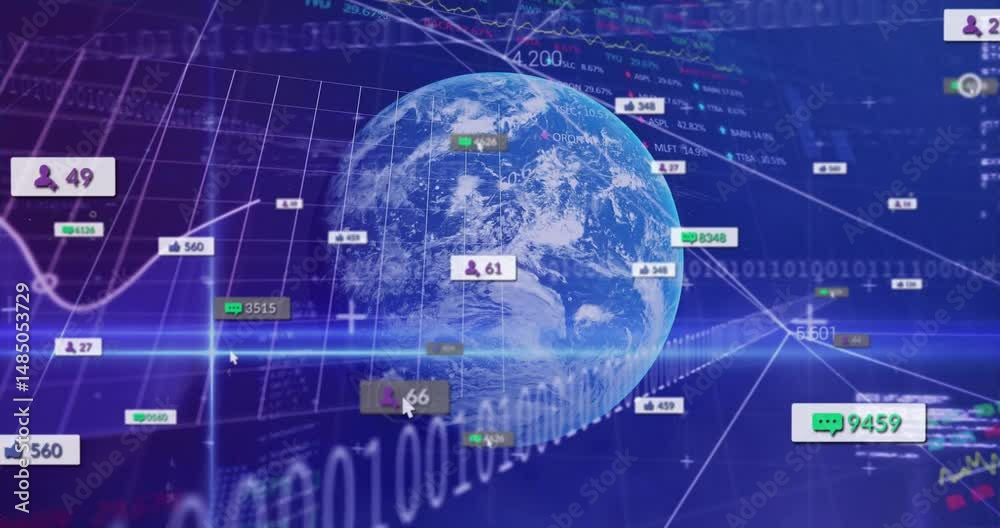 Poster 3d earth globe floating at center of network interface, showing grid lines, icons, code streams