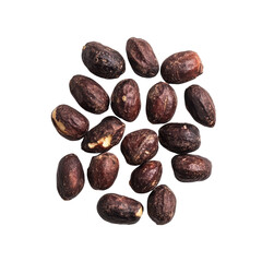 Obraz premium Collection of roasted cocoa beans displayed on a white background for culinary use in desserts and beverages