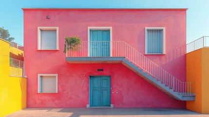 Obraz premium Pastel facade with simple details, a clean urban backdrop. Minimalist charm in soft daylight.