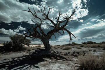 A desolate landscape featuring a barren tree under a dramatic cloudy sky view